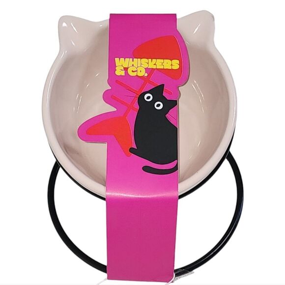 Whiskers & Co Pink Ceramic Cat Feeder‎ Bowl With Tilted And Elevated Metal Base - Picture 1 of 15